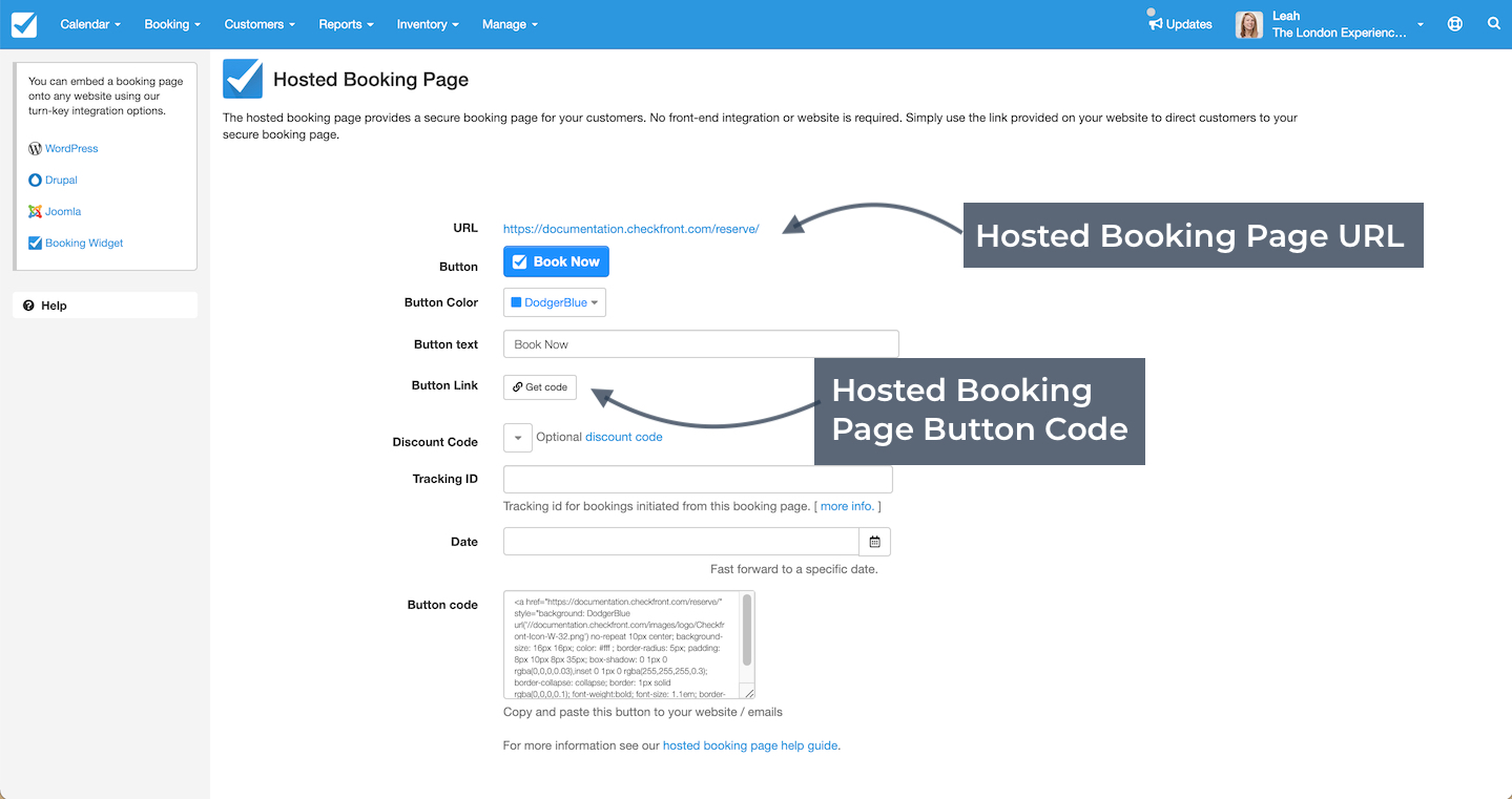 Hosted Booking Page URL and Code