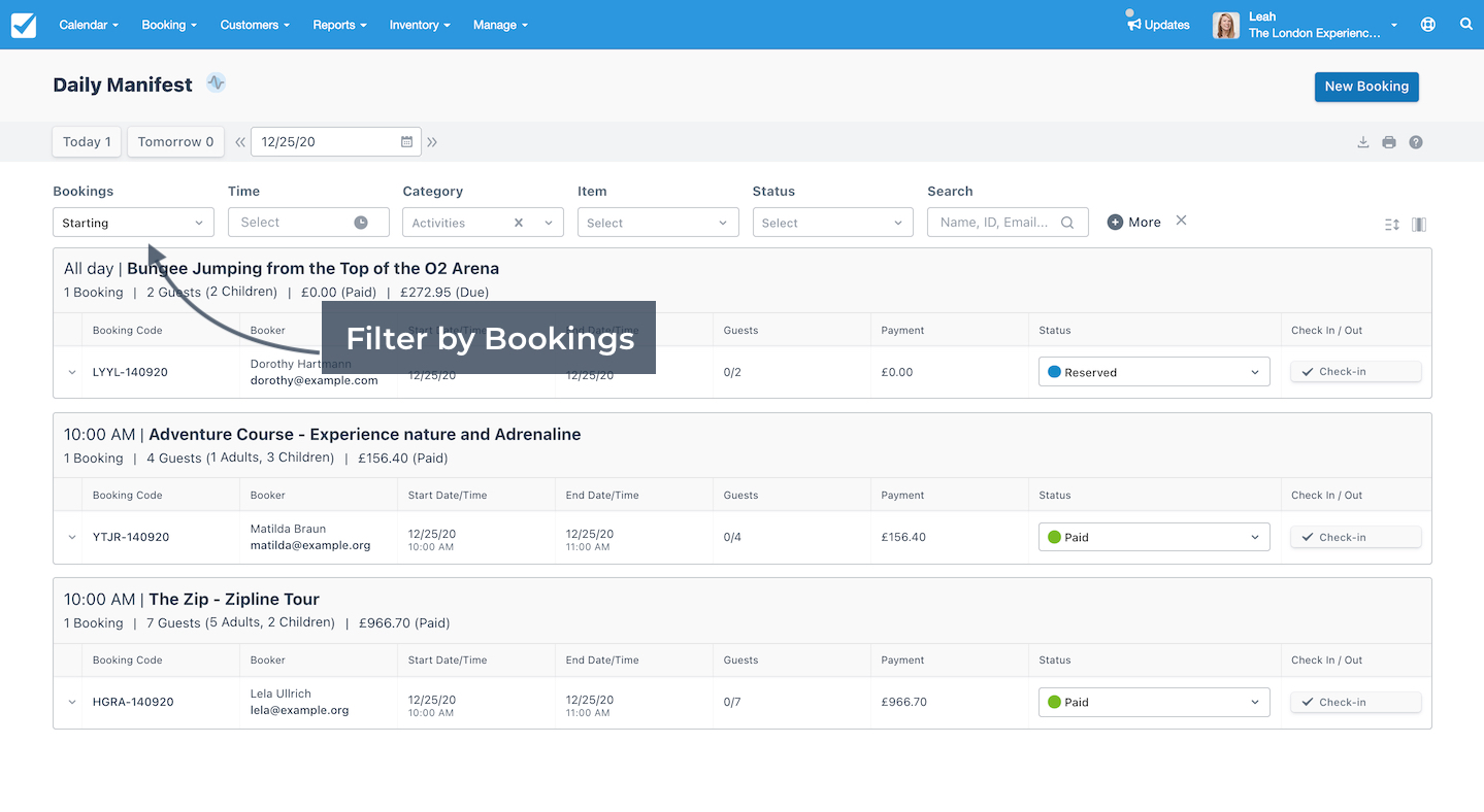 Daily Manifest Bookings Filter