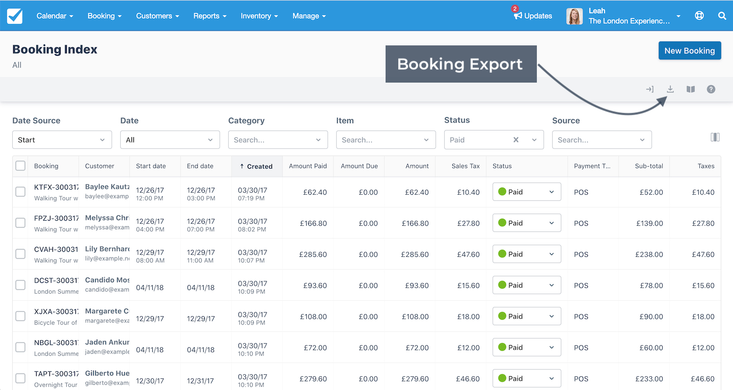 Booking Index Export
