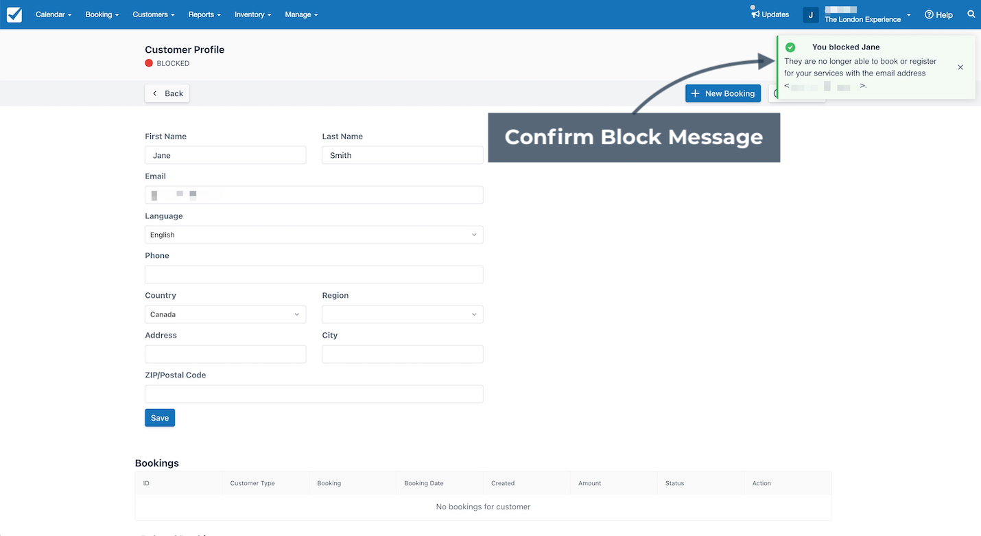 Customer Block Confirm Message