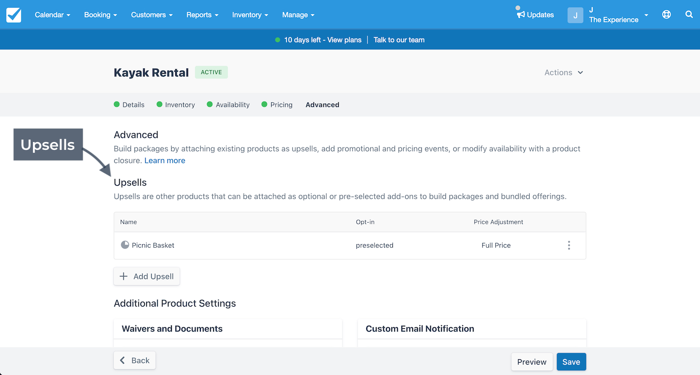 Kayak Rental product Advanced tab showing Upsells section with Picnic Basket preselected as an optional add-on.