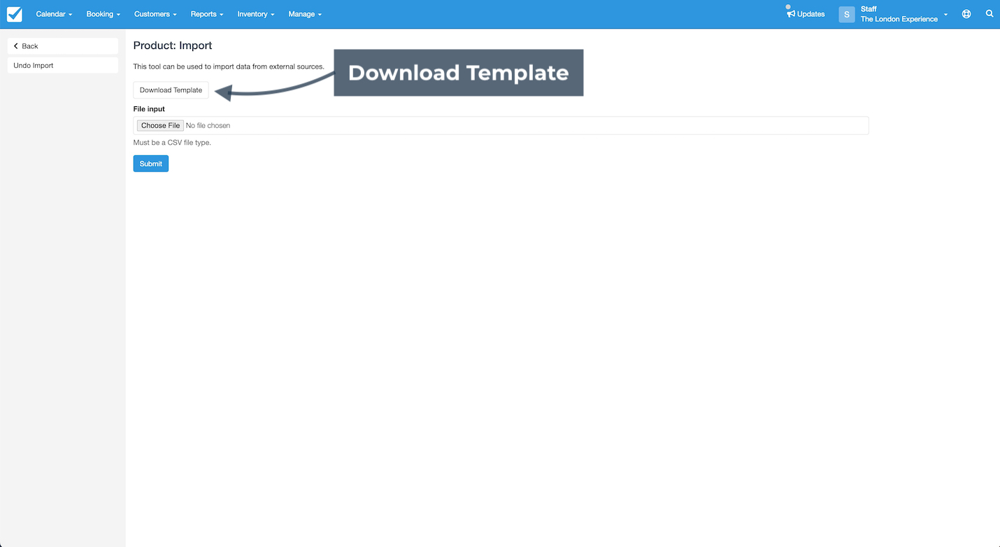 Product import page with a highlighted arrow pointing to the Download Template button.