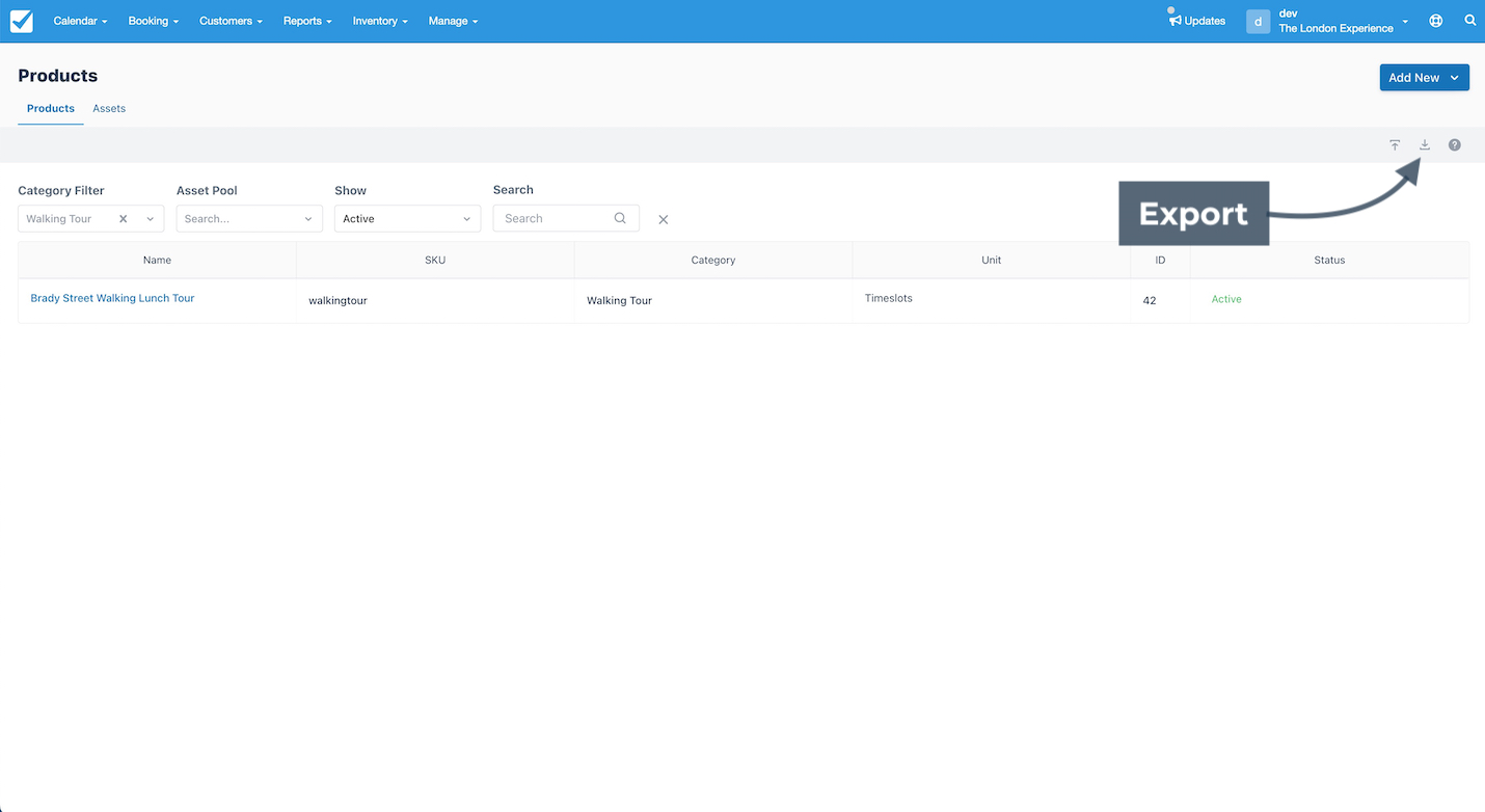 Products page showing a walking tour product list with an arrow pointing to the export button in the top right corner.