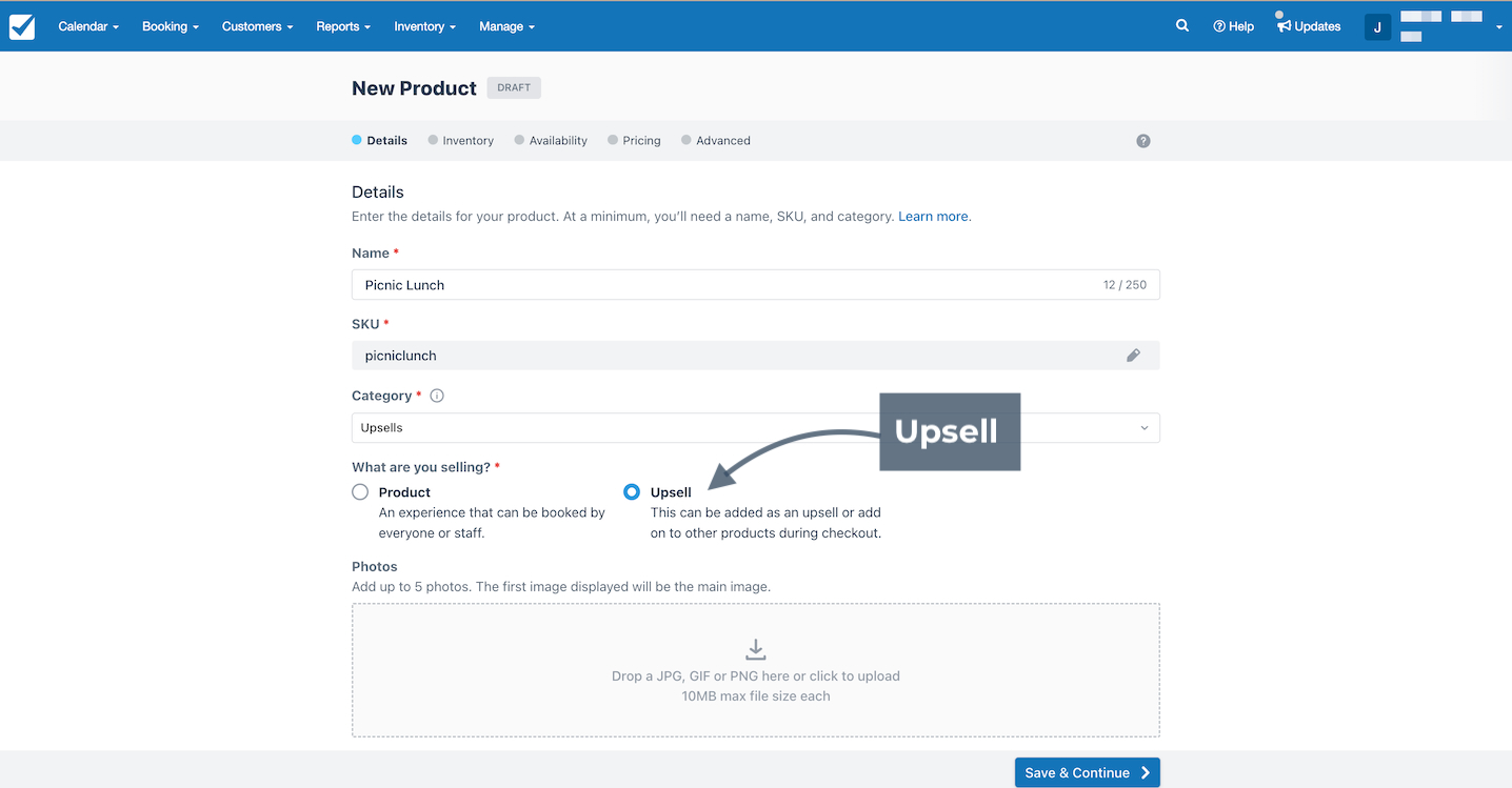 New Product setup page with Picnic Lunch details and Upsell option selected to allow the product to be added as an add-on during checkout.