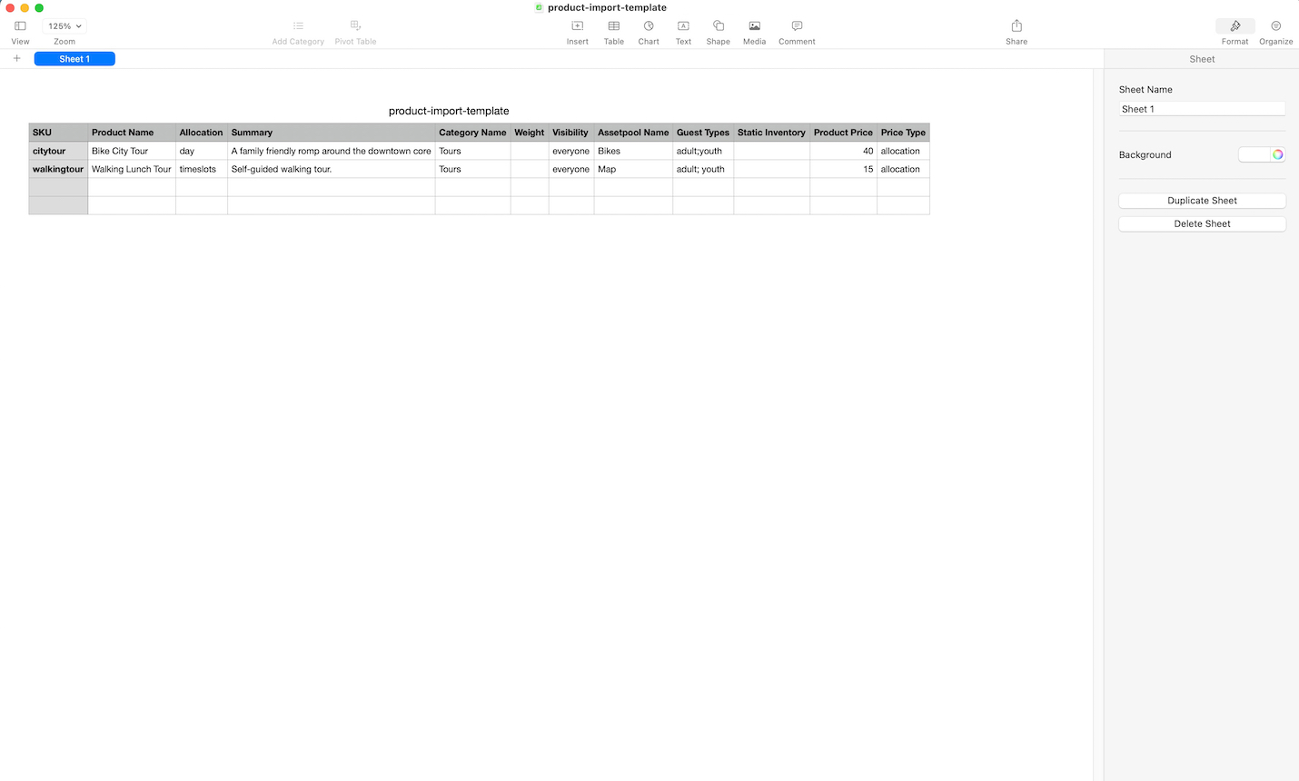 Spreadsheet template for product import showing example products Bike City Tour and Walking Lunch Tour with details including SKU, allocation, category, and pricing.