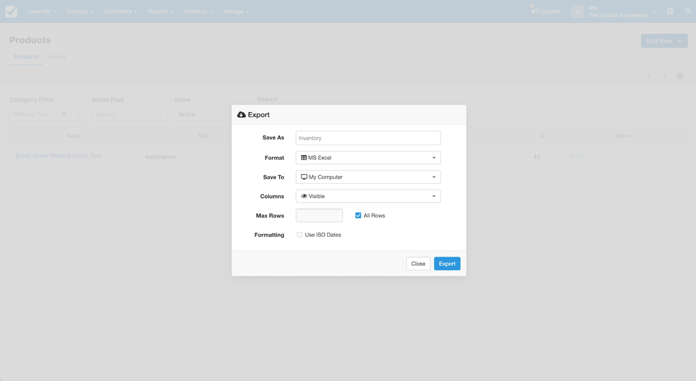 Export settings window for products with options to save as inventory, select format, choose columns, rows, and export destination.
