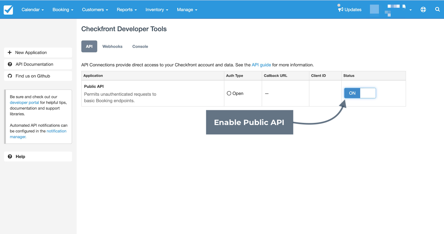 Checkfront developer tools settings page highlighting the toggle to enable public API access.