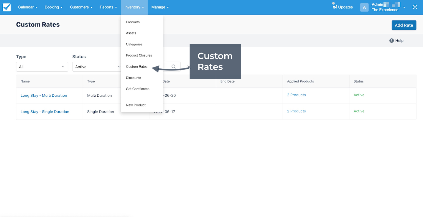 Inventory menu expanded highlighting Custom Rates option to access the Custom Rates page.