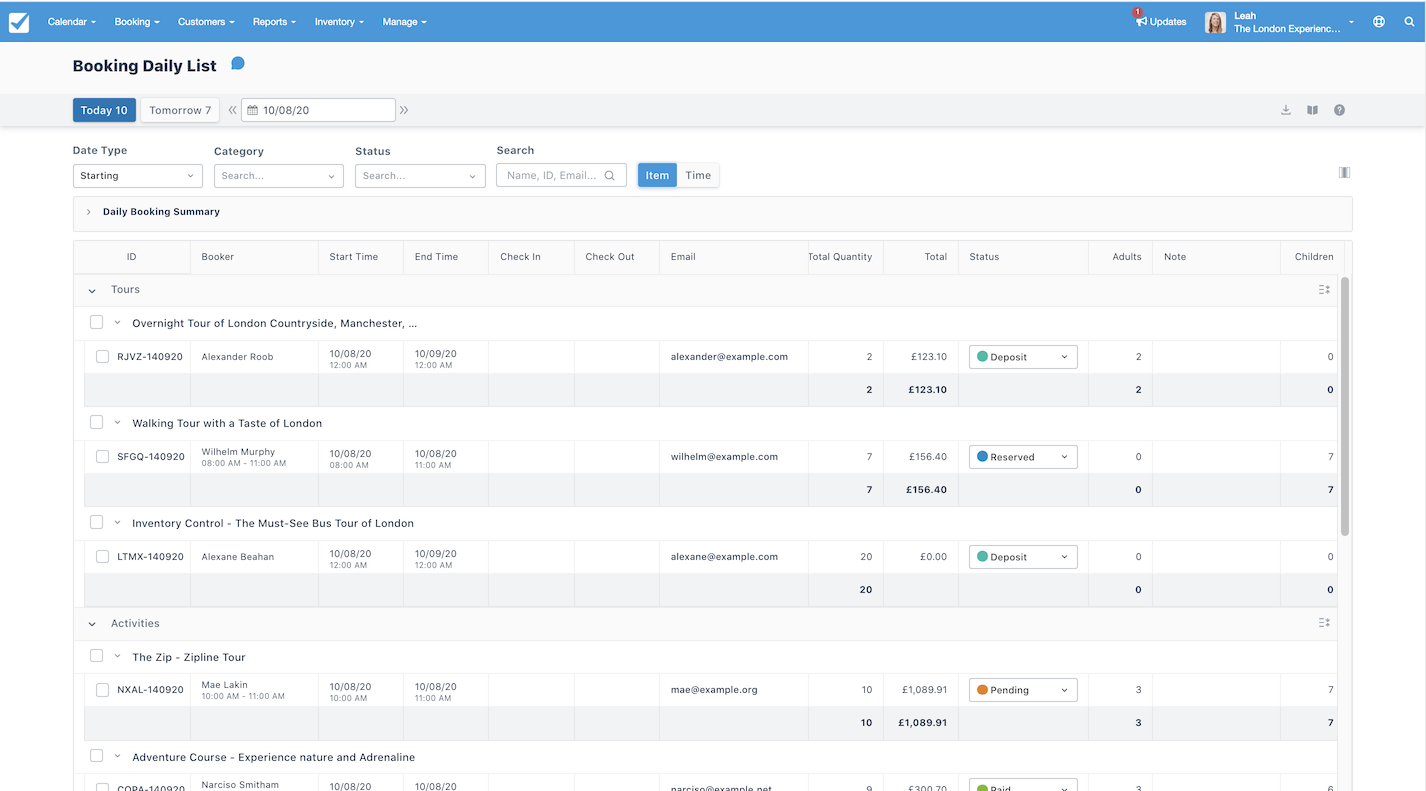 Booking Daily List screen showing tours and activities with columns for booker details, start and end times, status, total quantity, and payment information.