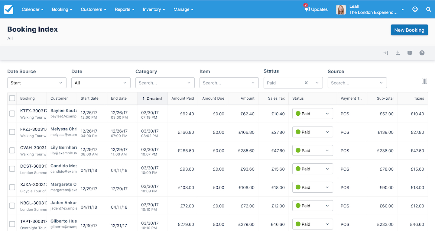 Booking index in Checkfront showing a list of bookings with customer details, payment status, amounts paid, taxes, and booking codes.