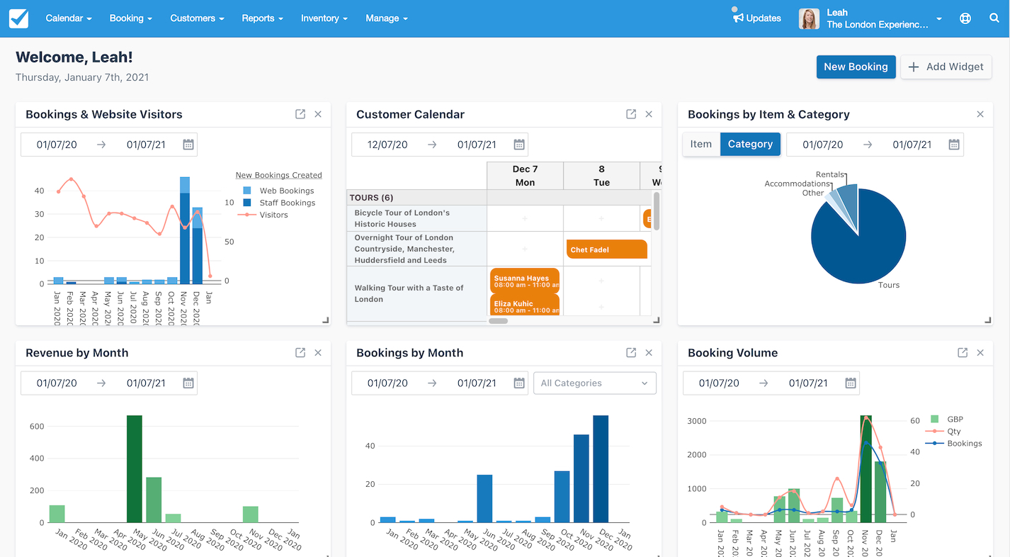 Dashboard view with widgets displaying booking and revenue charts, customer calendar, and a pie chart of bookings by category.