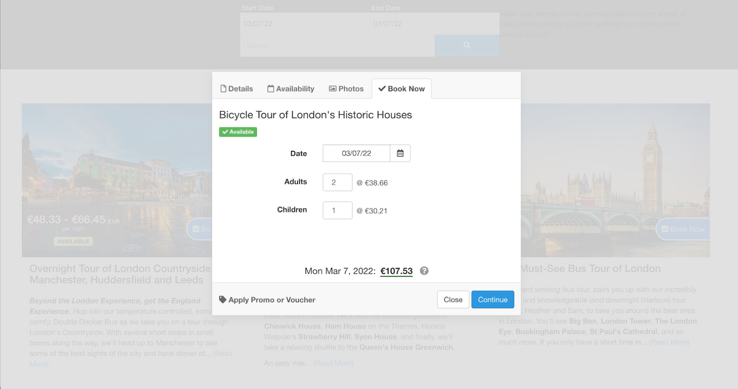 Booking summary window showing Bicycle Tour of London’s Historic Houses with prices displayed in euros based on the selected currency.