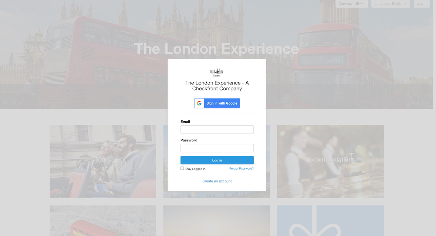 Checkfront login page showing The London Experience sign in form with options to log in using Google, email and password fields, stay logged in checkbox, forgot password link, and create an account link.