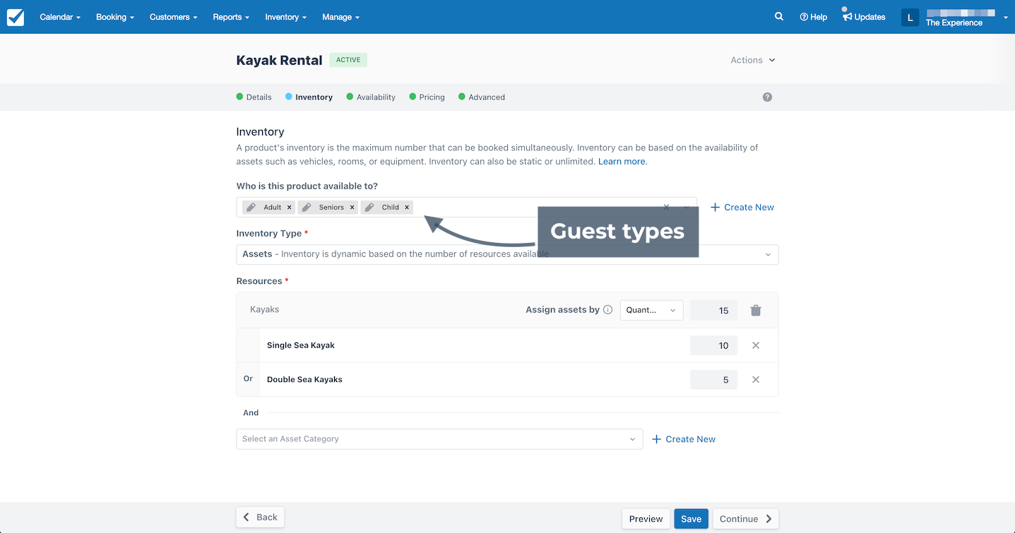 Kayak rental inventory page with guest types highlighted showing adult, seniors, and child categories.