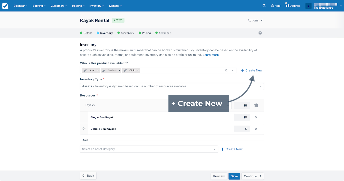 Kayak rental inventory page with Create New option highlighted for adding a new guest type.