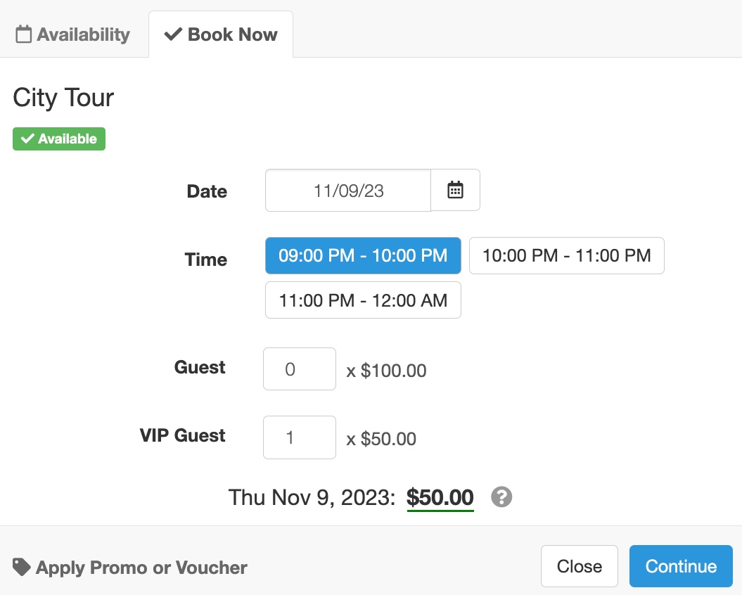 Booking form for City Tour showing date, time, and guest selection with VIP guest type applied at a discounted rate.