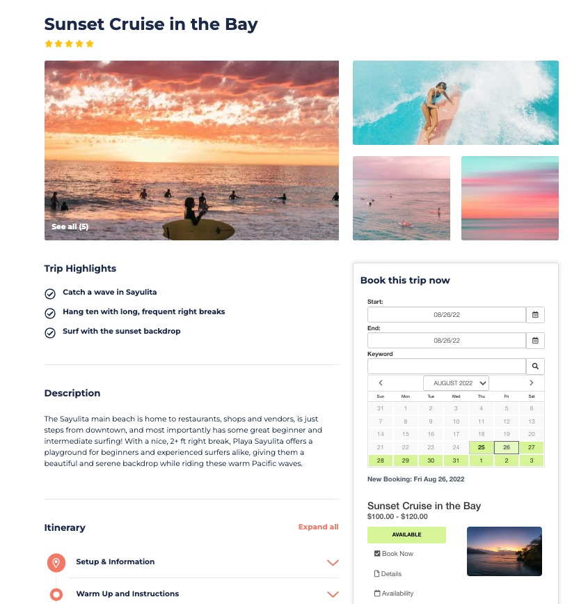 Tour booking page displaying details for a sunset cruise including highlights, description, itinerary, calendar, and pricing with booking options.
