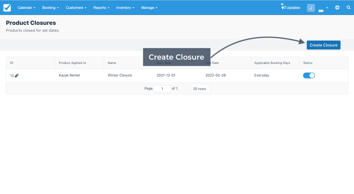 Product closures page with an arrow pointing to the create closure button on the right side.