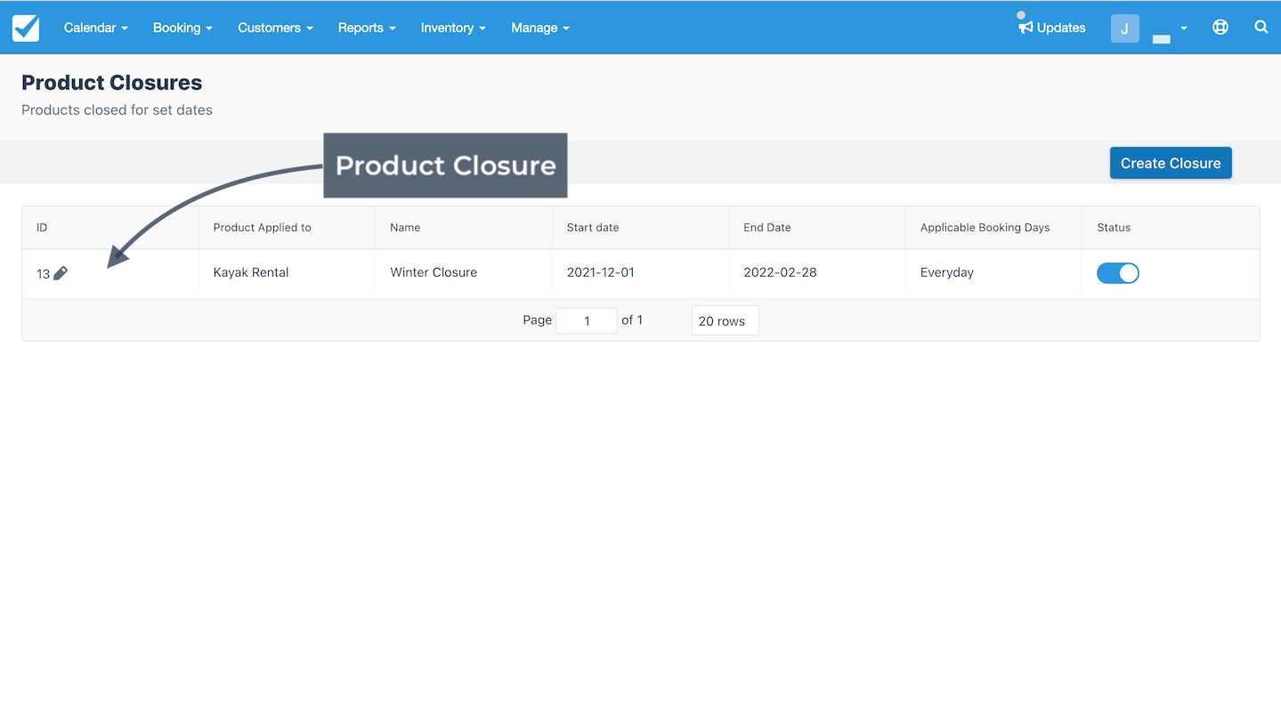 Product closures page with an arrow pointing to a specific product closure entry labeled winter closure for kayak rental.
