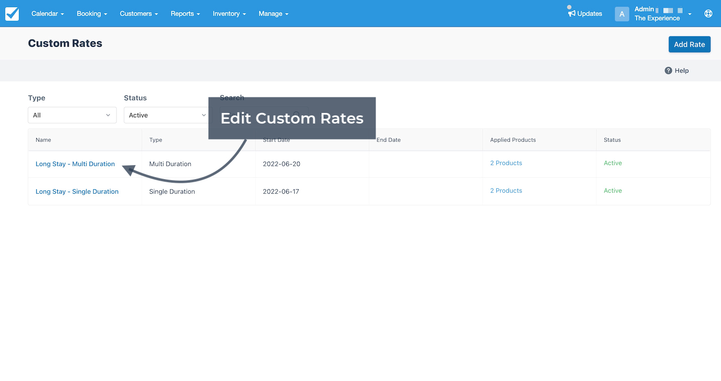 Custom Rates page with arrow pointing to Long Stay Multi Duration rate showing how to edit an existing custom rate.