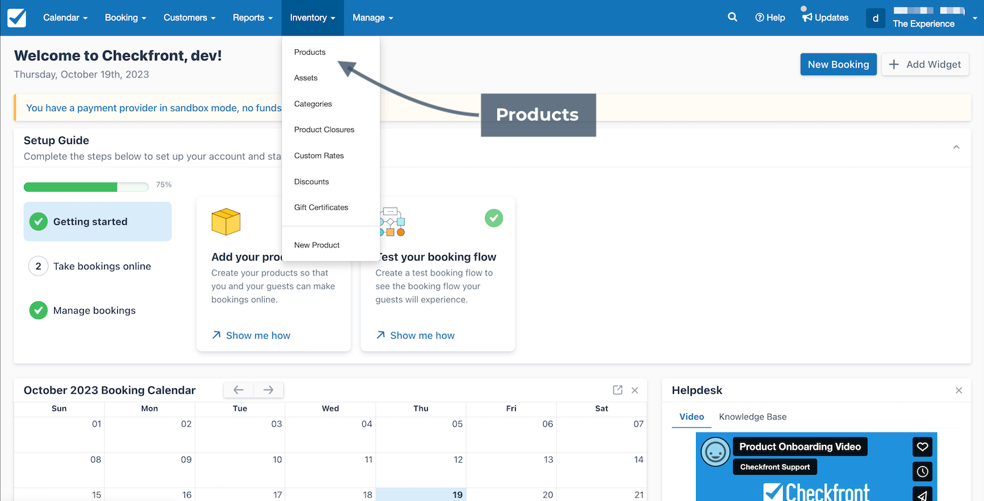 Checkfront dashboard home page with the Inventory menu expanded and an arrow pointing to Products for accessing product management.