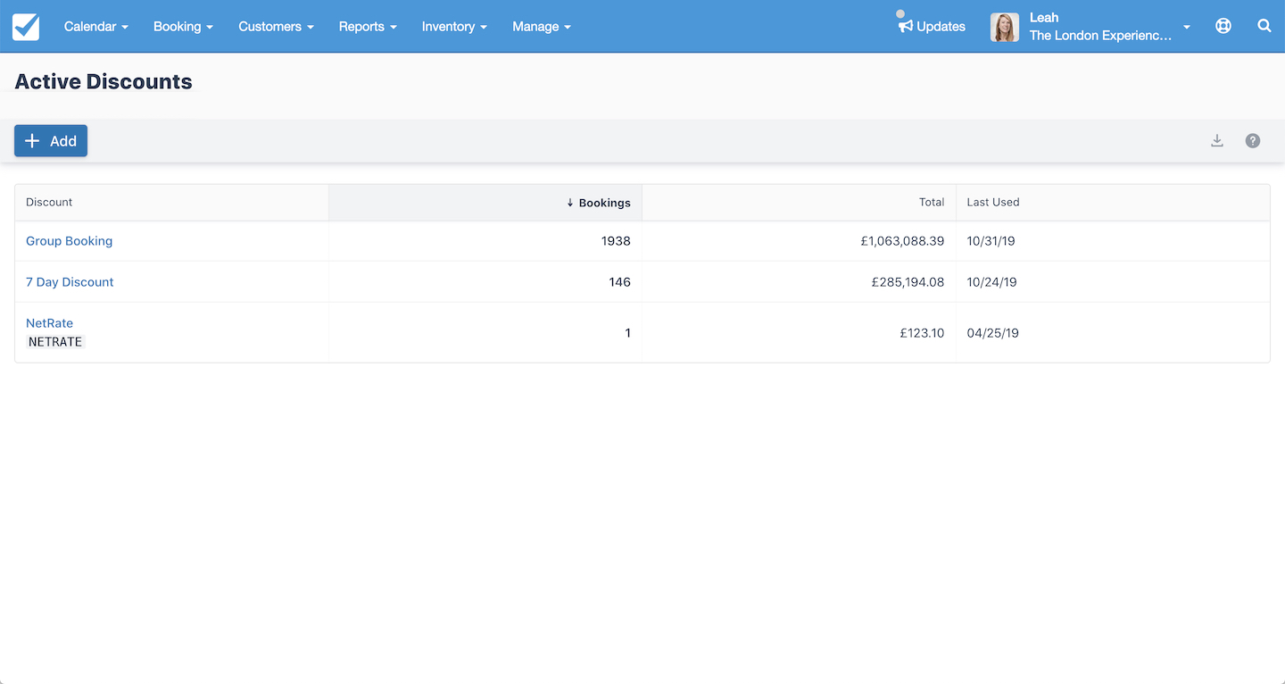 Active discounts page in Checkfront listing discounts such as Group Booking and 7 Day Discount with associated bookings, totals, and last used dates.