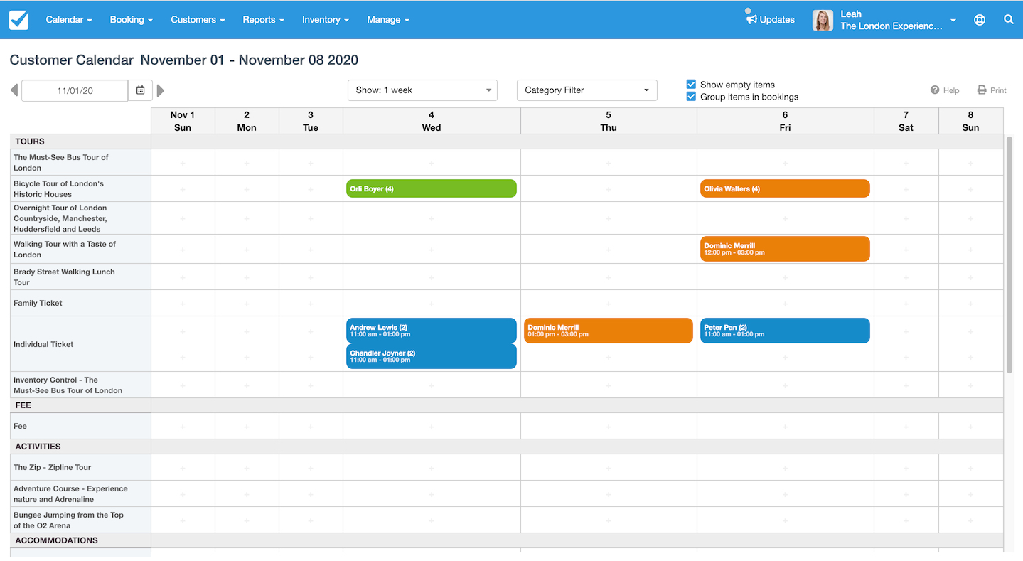 Customer calendar in Checkfront displaying tour and activity bookings for the week of November 1–8, 2020, color-coded by customer.