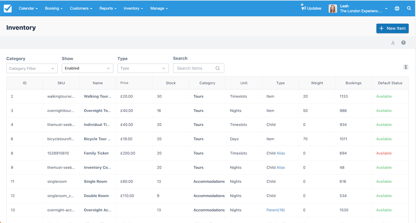 Inventory list with items including SKU, name, price, stock, category, unit, bookings, and default status with an option to add a new item.