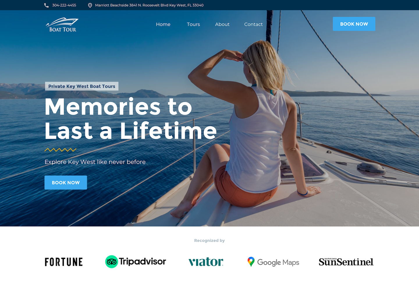 Tour company website homepage with hero image of a boat ride promoting private boat tours and a Book Now button.