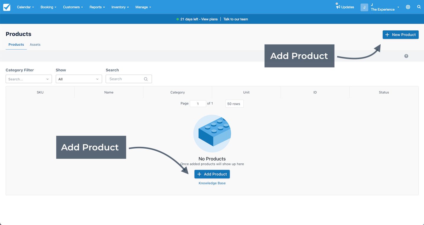 Checkfront dashboard showing the Products page with options to add a new product using the New Product button or the Add Product button in the center.