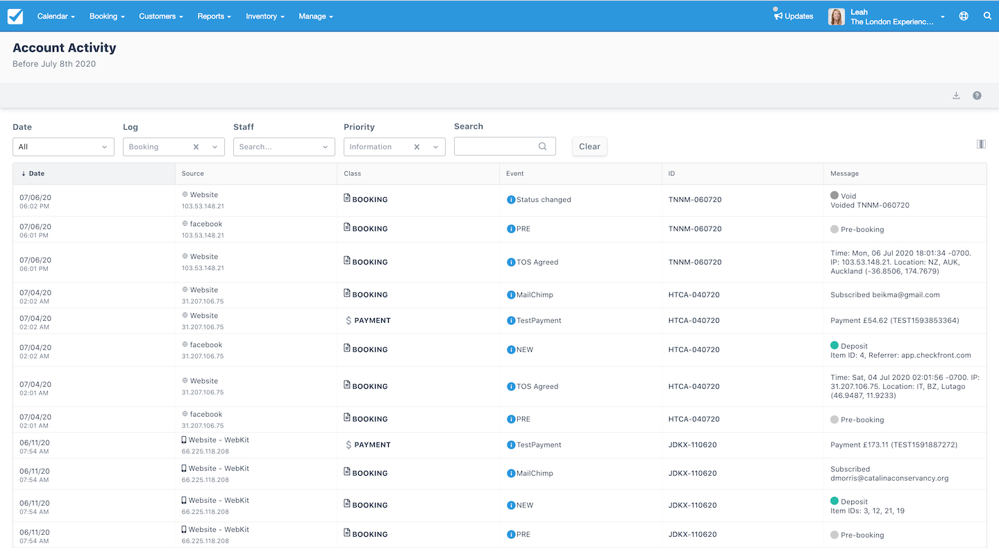 Account activity log in Checkfront showing booking, payment, and status change events with details such as date, source, event type, ID, and messages.
