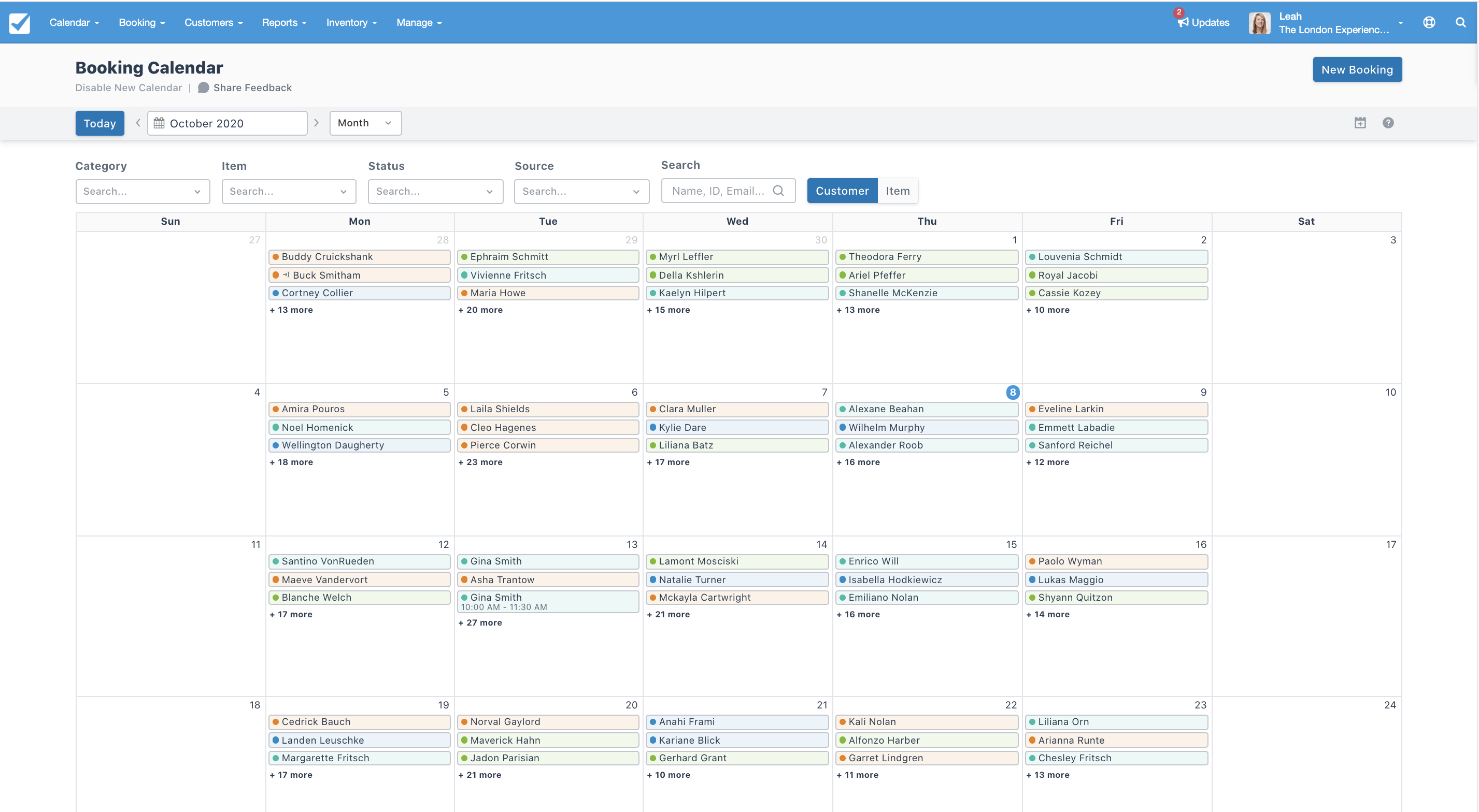 Booking calendar in Checkfront displaying scheduled customer bookings by day and color-coded by customer for October 2020.