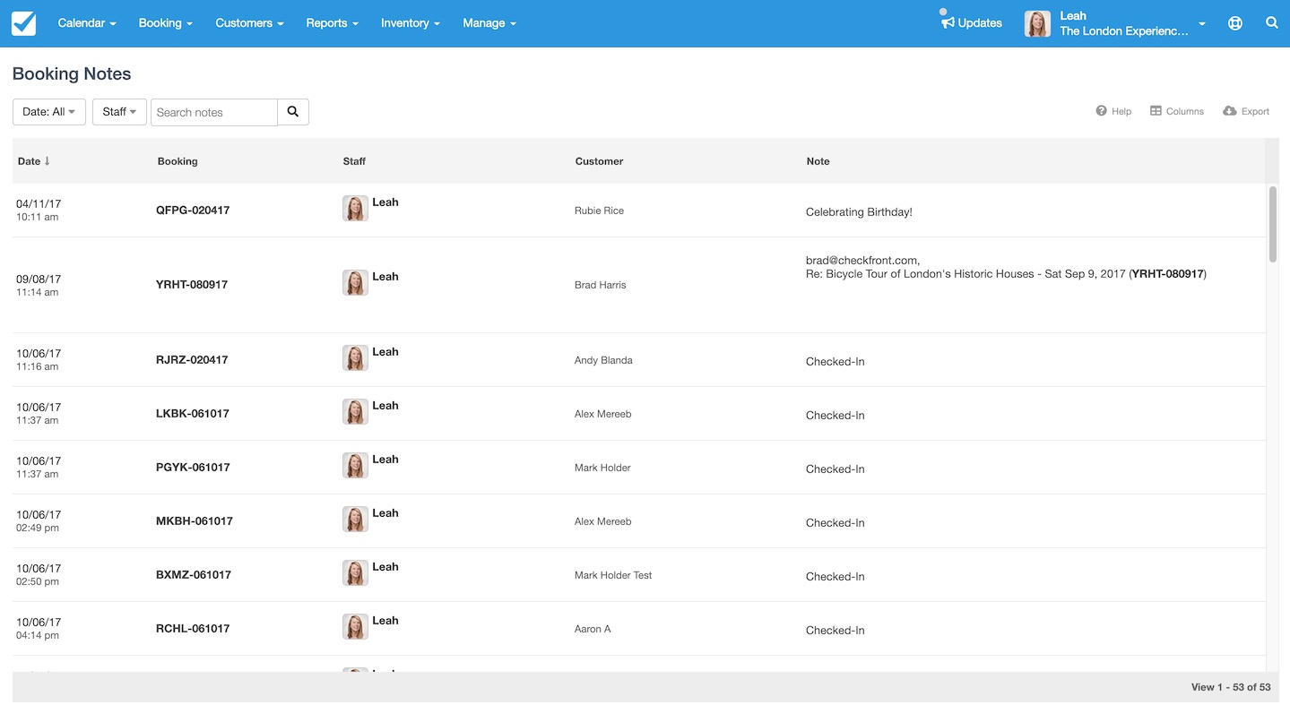 Booking Notes page showing staff-added notes for customer bookings, including details like check-ins, special notes, and associated booking IDs.
