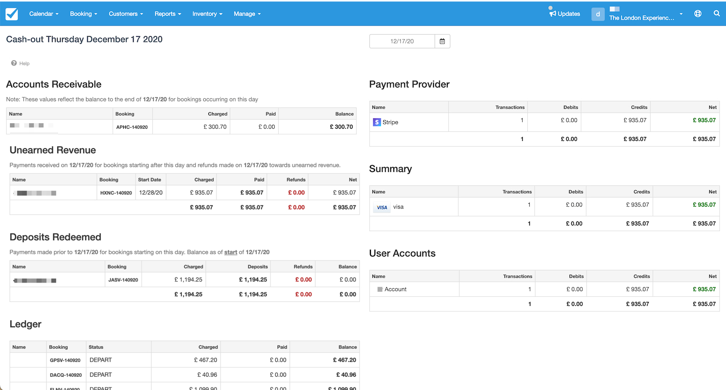 Cash-out report in Checkfront for December 17, 2020, summarizing accounts receivable, unearned revenue, deposits redeemed, ledger entries, and payment provider balances.