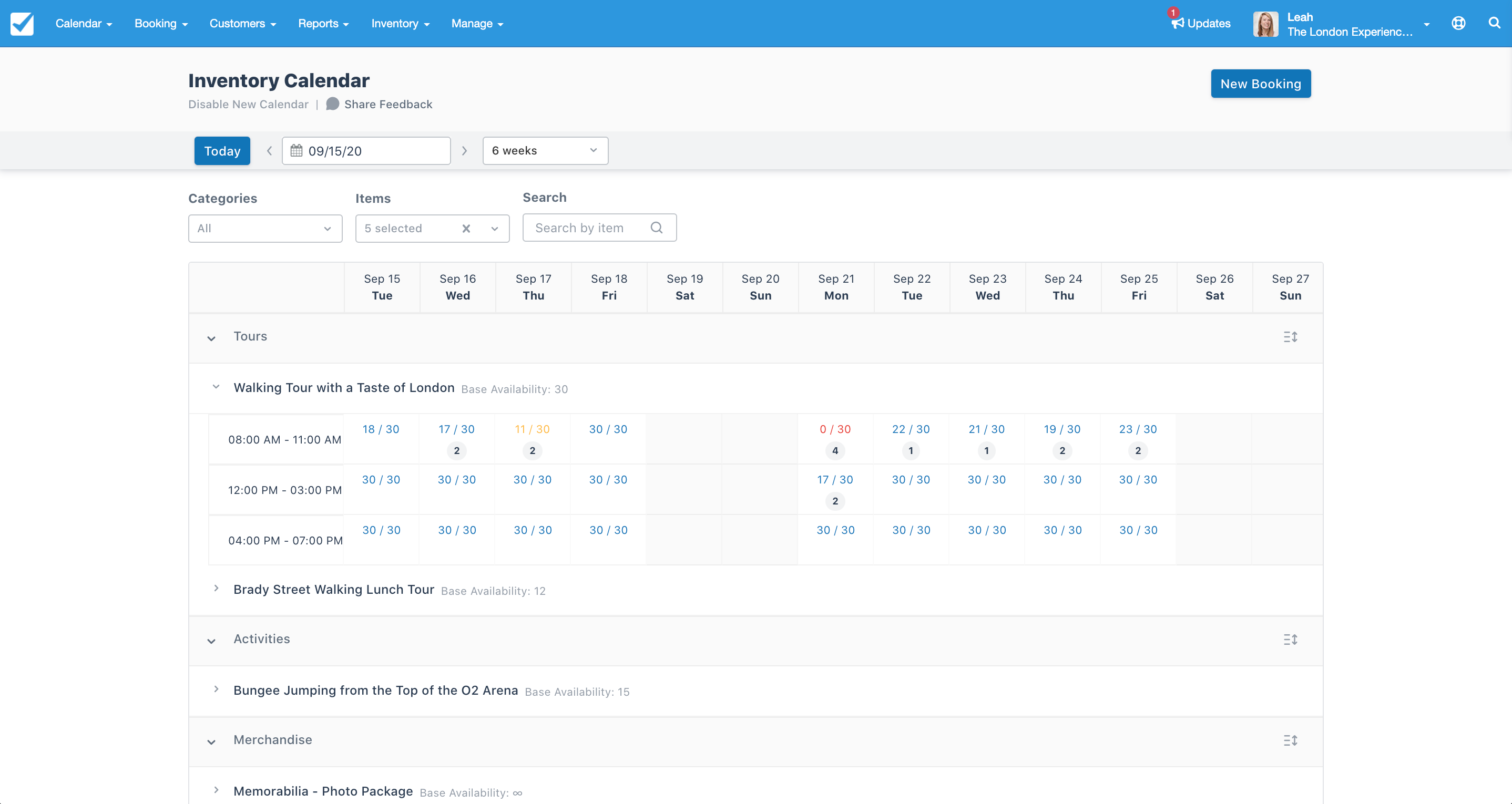 Inventory Calendar view showing availability of tours and activities by day and time slot with color-coded numbers for booked and available spots.