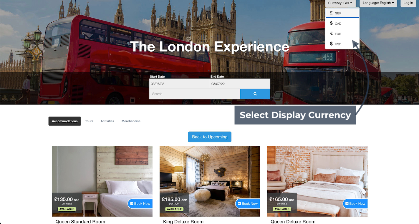 Customer booking page for The London Experience with the currency selector highlighted to change the display currency.