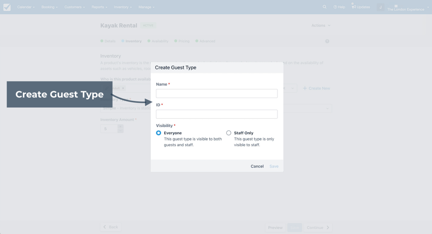 Guest type creation window with fields for name, ID, and visibility options set to everyone or staff only.