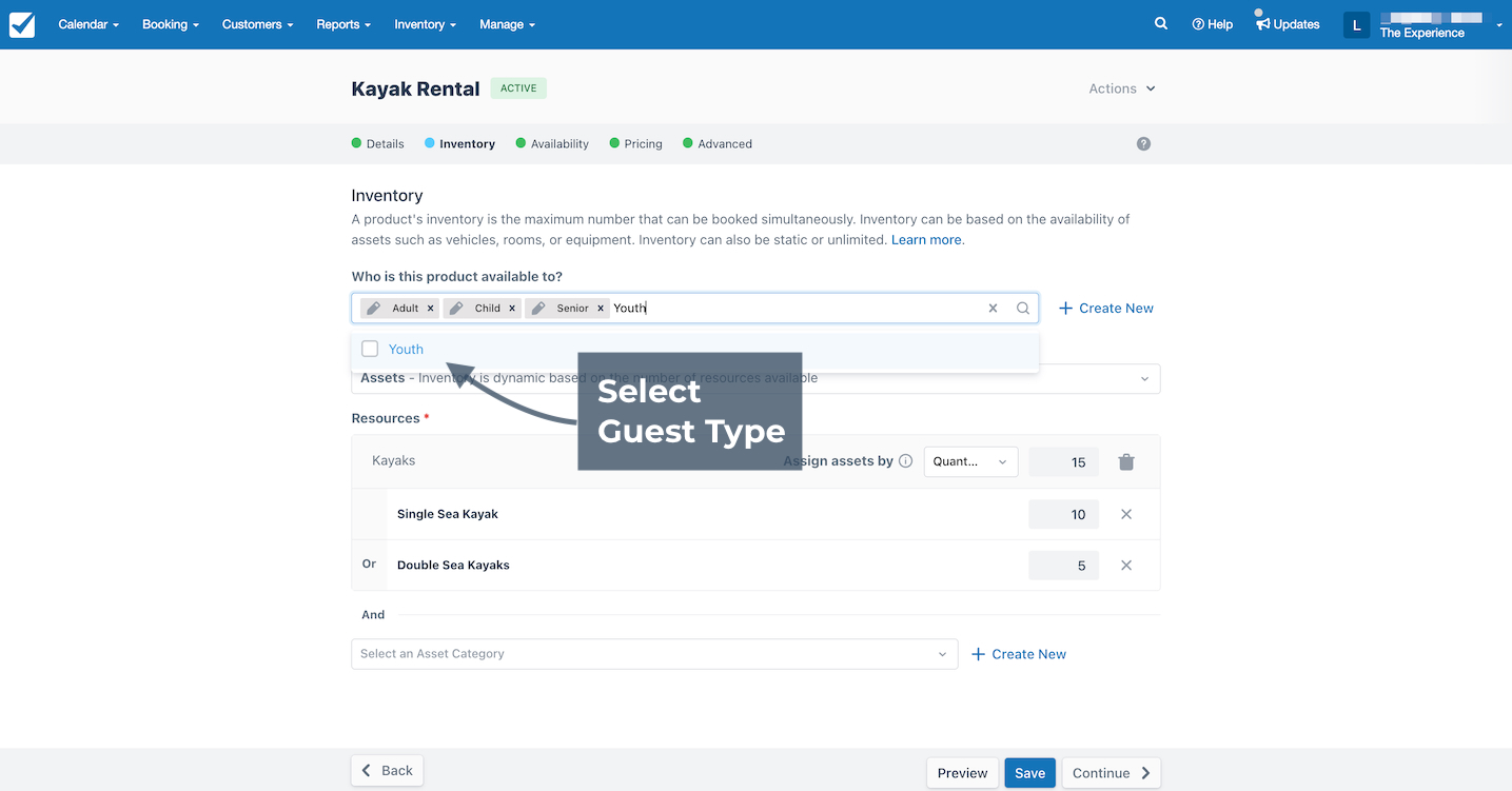 Kayak rental inventory page with Select Guest Type highlighted showing youth being added as a new option.