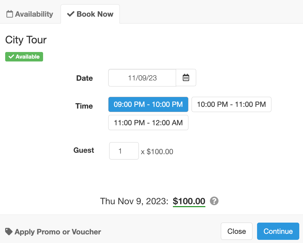 Booking form for City Tour showing date, time, and standard guest type applied at the regular rate.