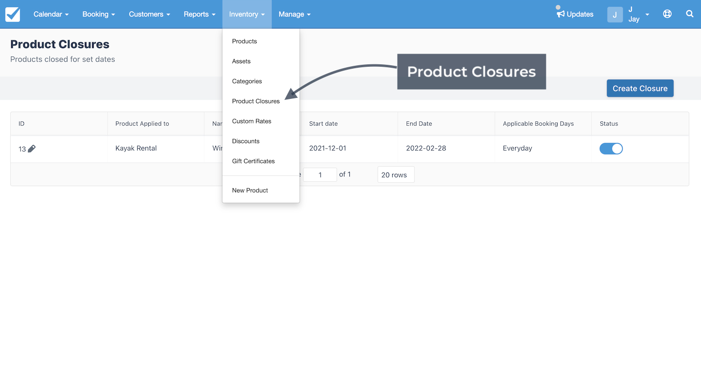 Inventory menu open showing the product closures option highlighted with an arrow pointing to the product closures page listing a kayak rental winter closure.