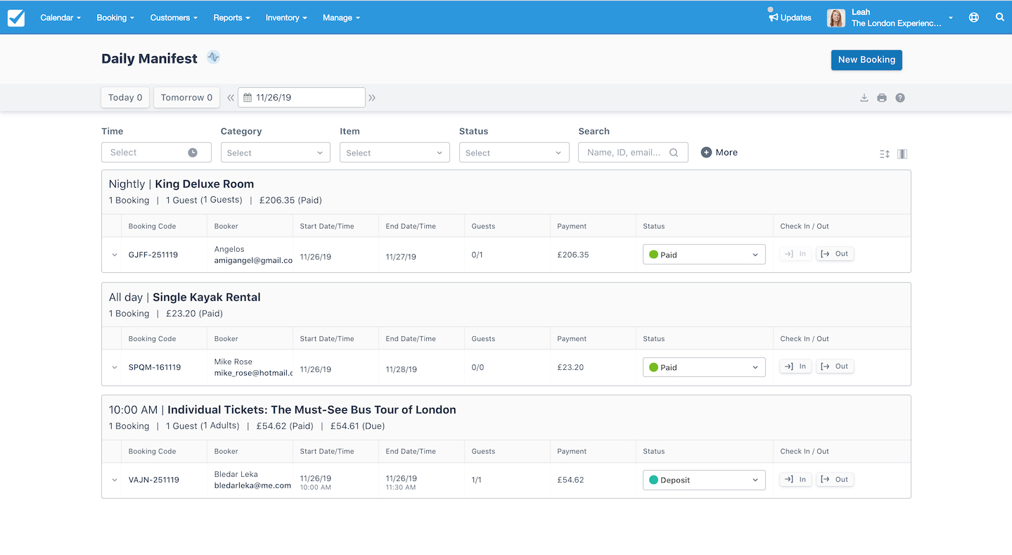 Daily manifest in Checkfront showing bookings for a specific date with details of room, rental, or tour, including payment status and customer information.