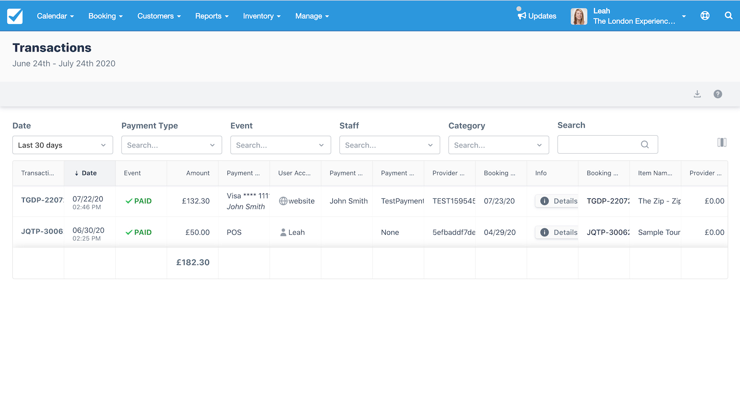 Transactions report showing two payments, one by Visa for £132.30 and one by POS for £50.00, with details such as date, staff, booking, and payment status.