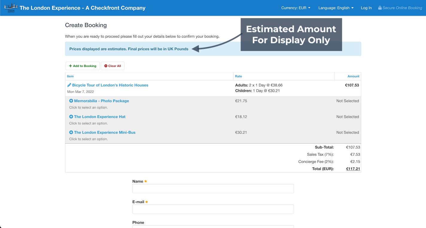 Booking form page with a highlighted note explaining that displayed prices are estimates and final prices will be in UK pounds.
