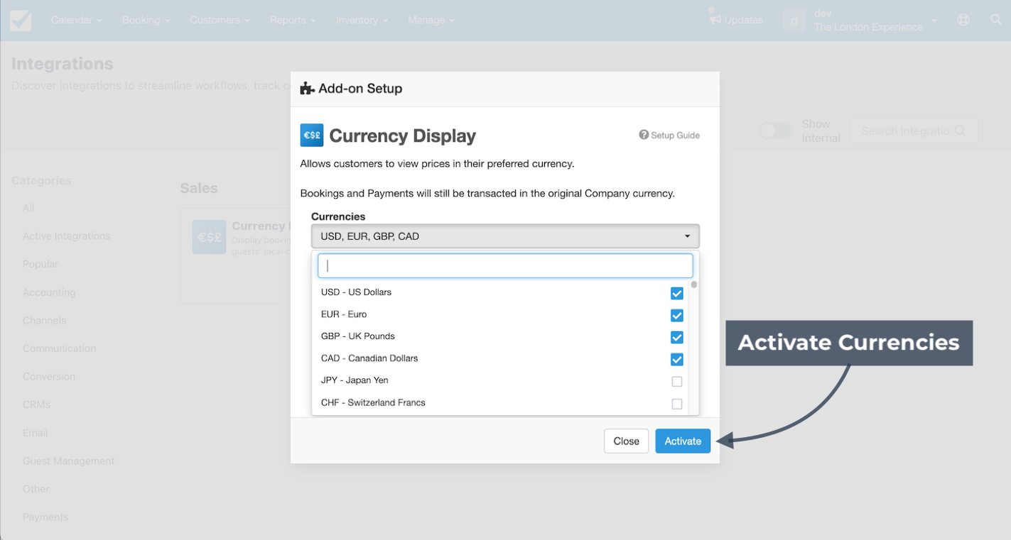 Currency Display add on setup window showing a list of currencies with multiple options selected and the Activate button highlighted.