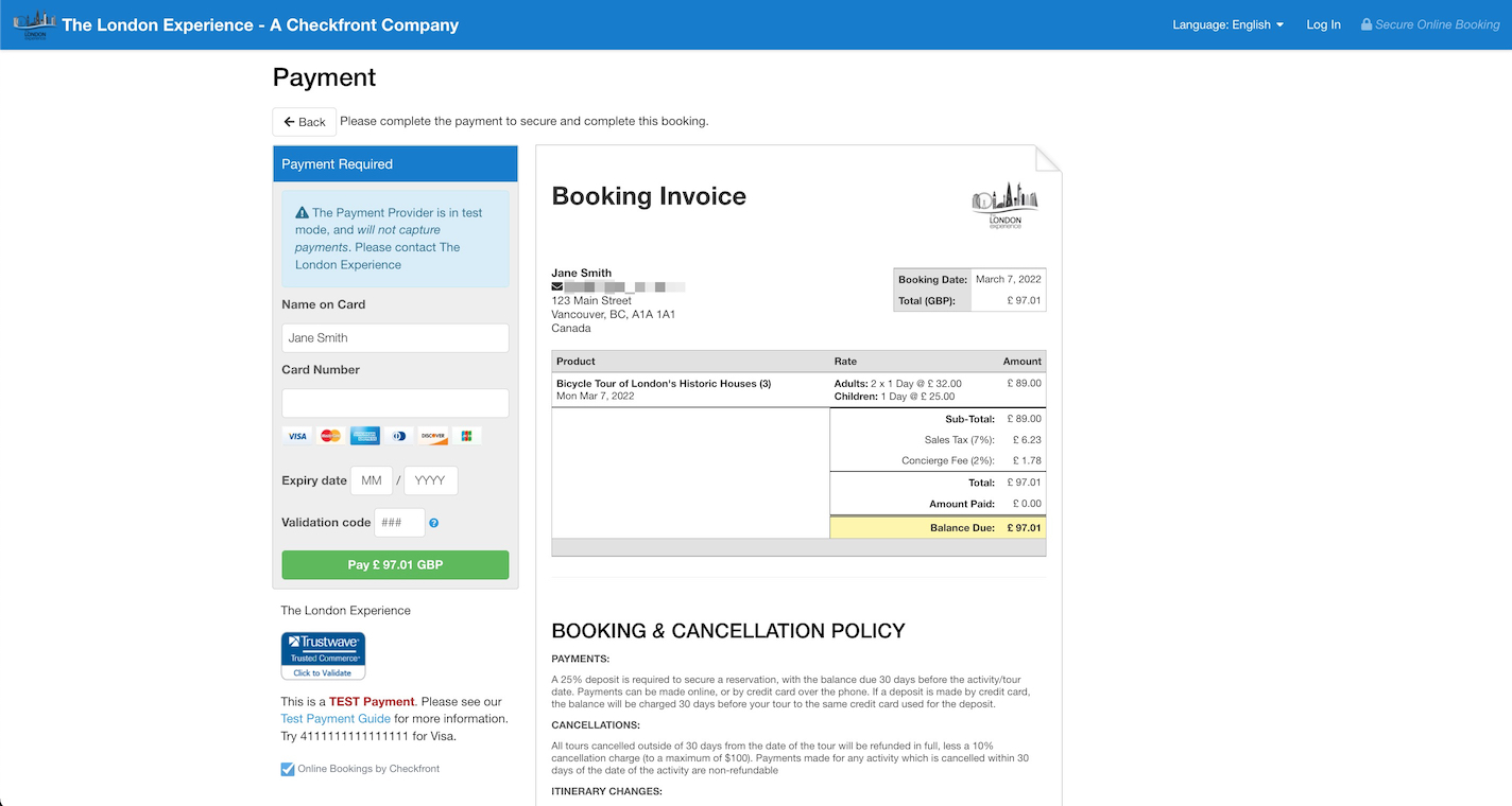 Payment page showing a booking invoice and payment details with the final balance due displayed in UK pounds.