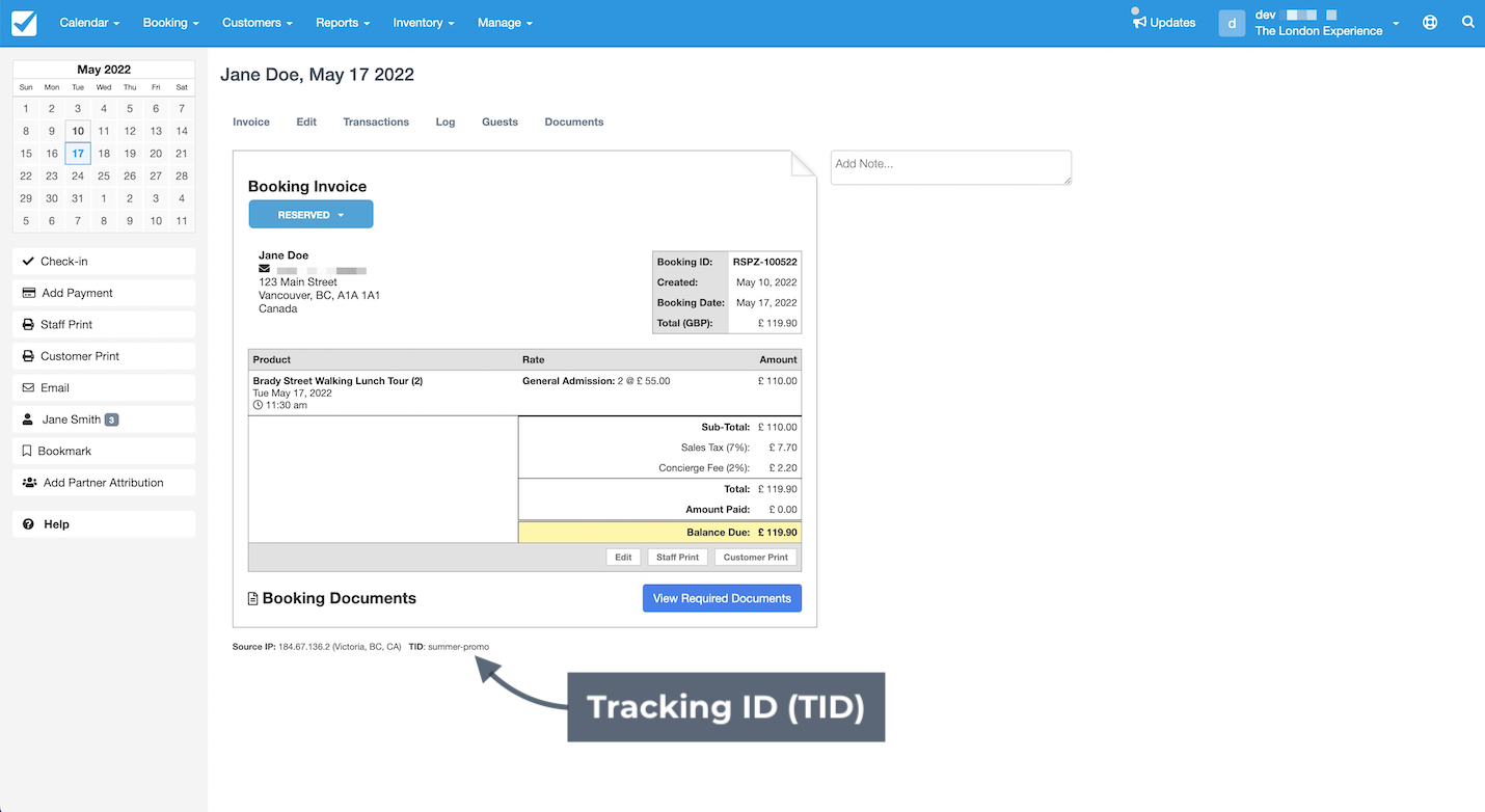 Booking invoice view showing tracking ID (TID) displayed at the bottom of the booking record.
