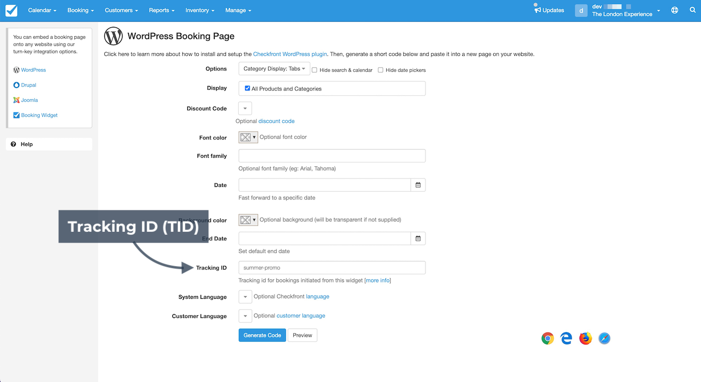 WordPress booking page settings highlighting tracking ID field for adding TID to widget configuration.