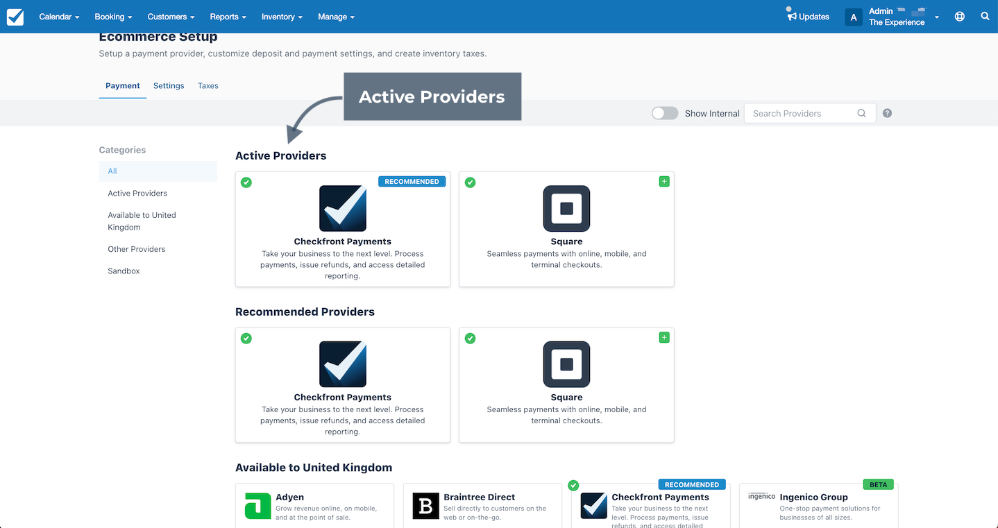 The Ecommerce Setup page highlights the Active Providers section showing currently enabled payment providers.