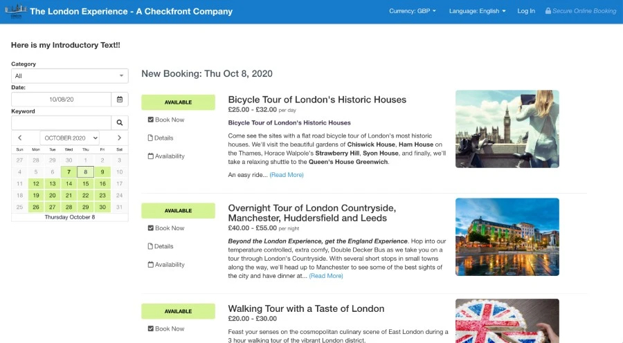 Booking page view for The London Experience showing introductory text, category and date filters, and a list of available tours with details and images.