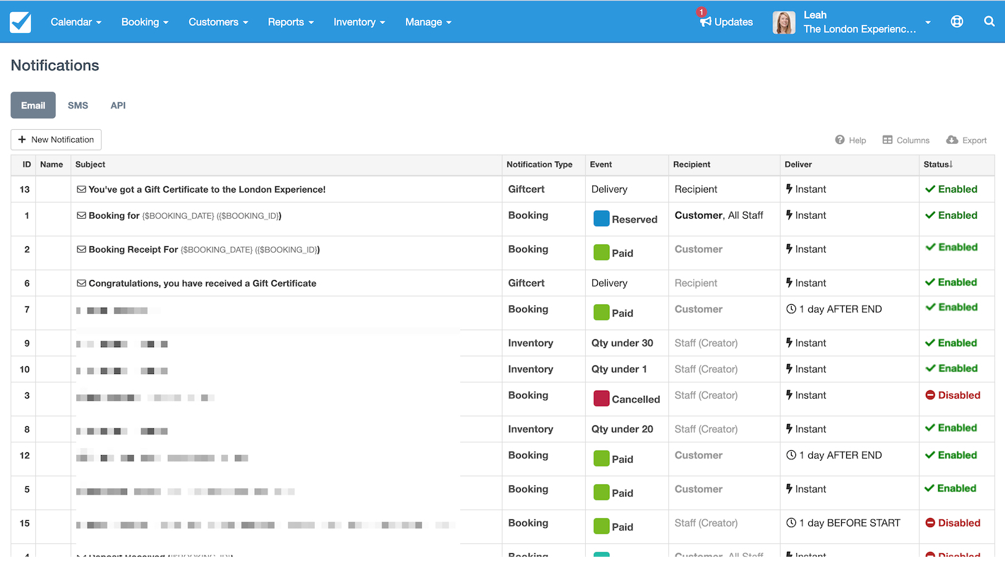The Notifications page lists various email alerts with details such as notification type, event, recipient, delivery timing, and status.
